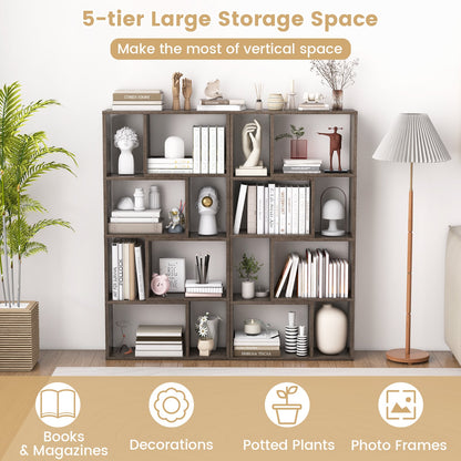 5-Tier Geometric Bookshelf with 8 Cubes Floor Standing Open Display-Grey