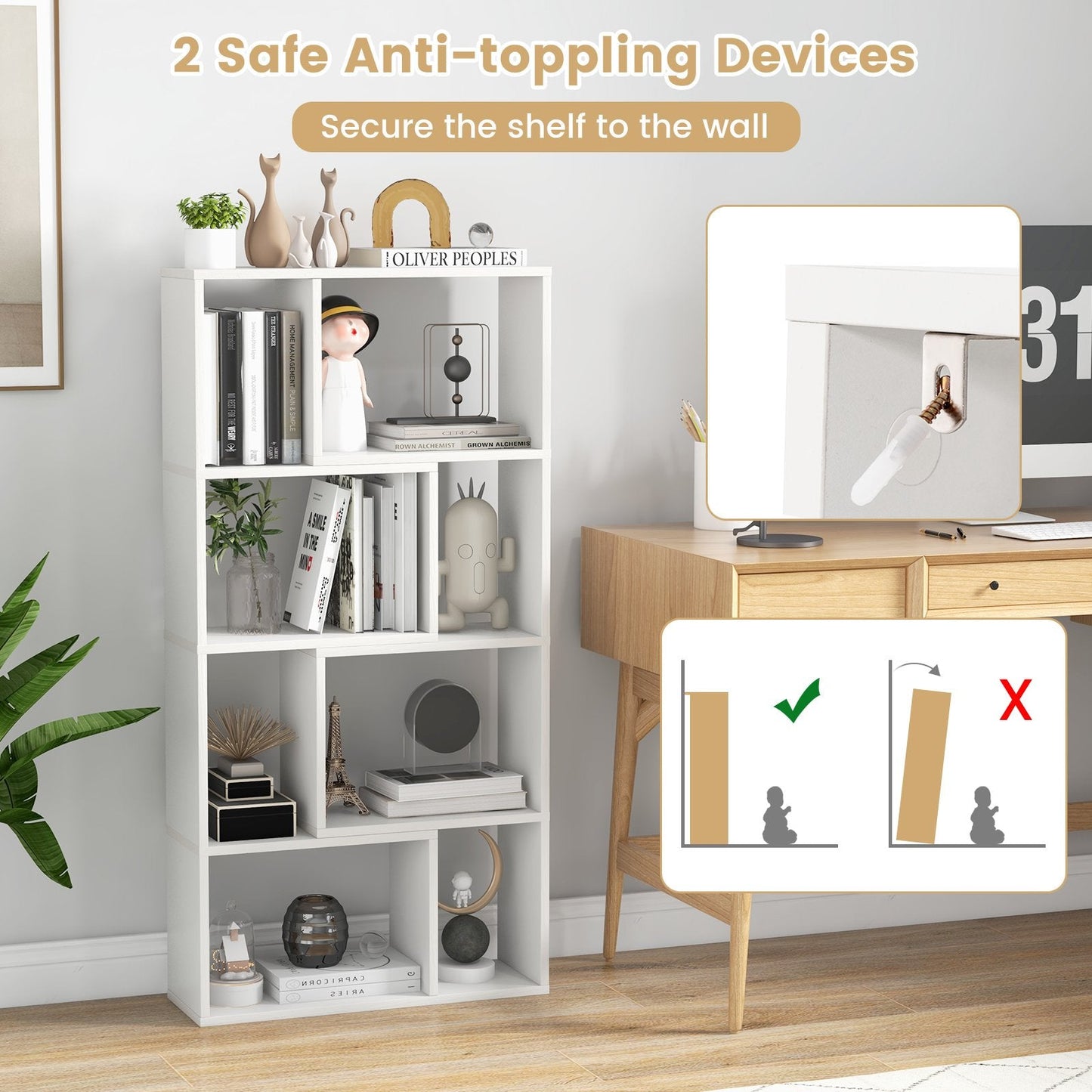 5-Tier Geometric Bookshelf with 8 Cubes Floor Standing Open Display-White