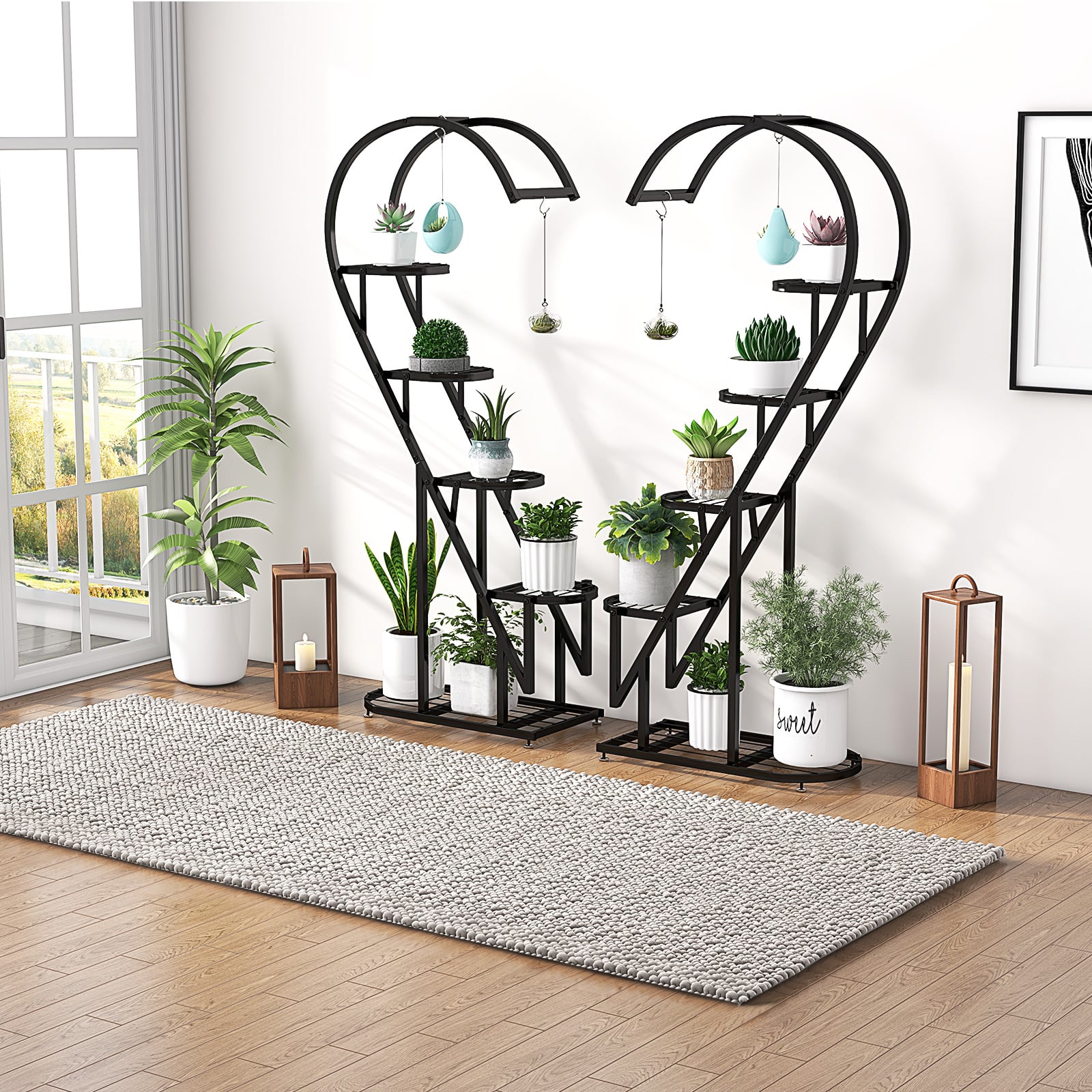 5-Tier Metal Heart-shaped Plant Stand with Hanging Hooks-Black