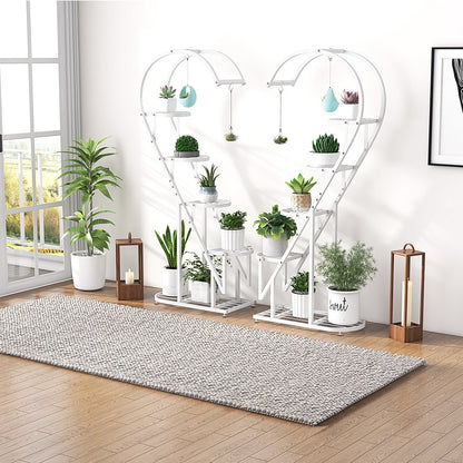 5-Tier Metal Heart-shaped Plant Stand with Hanging Hooks-White