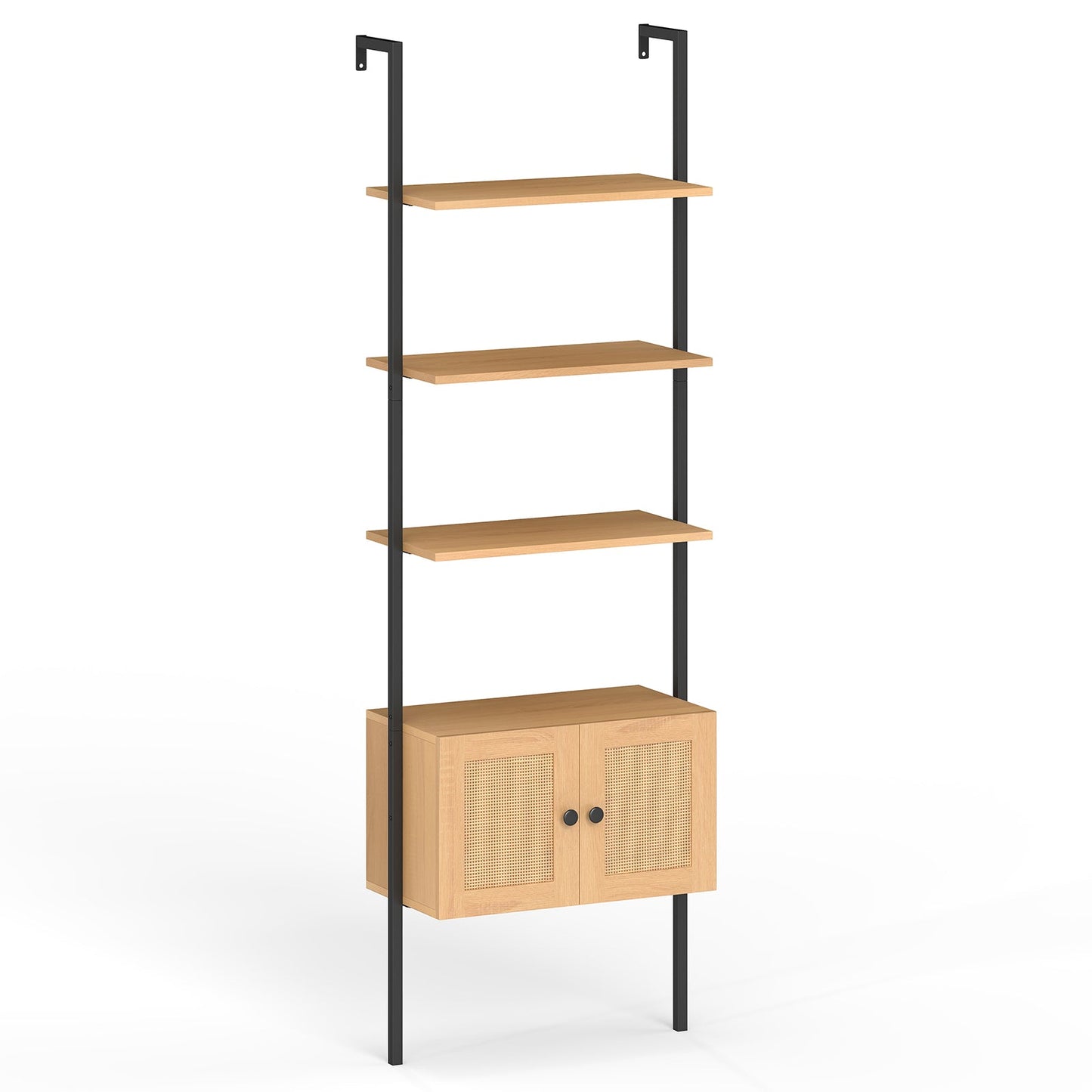 5-Tier Ladder Bookcase with Rattan Cabinet and Metal Frame-Natural
