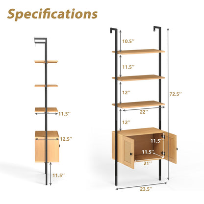 5-Tier Ladder Bookcase with Rattan Cabinet and Metal Frame-Natural
