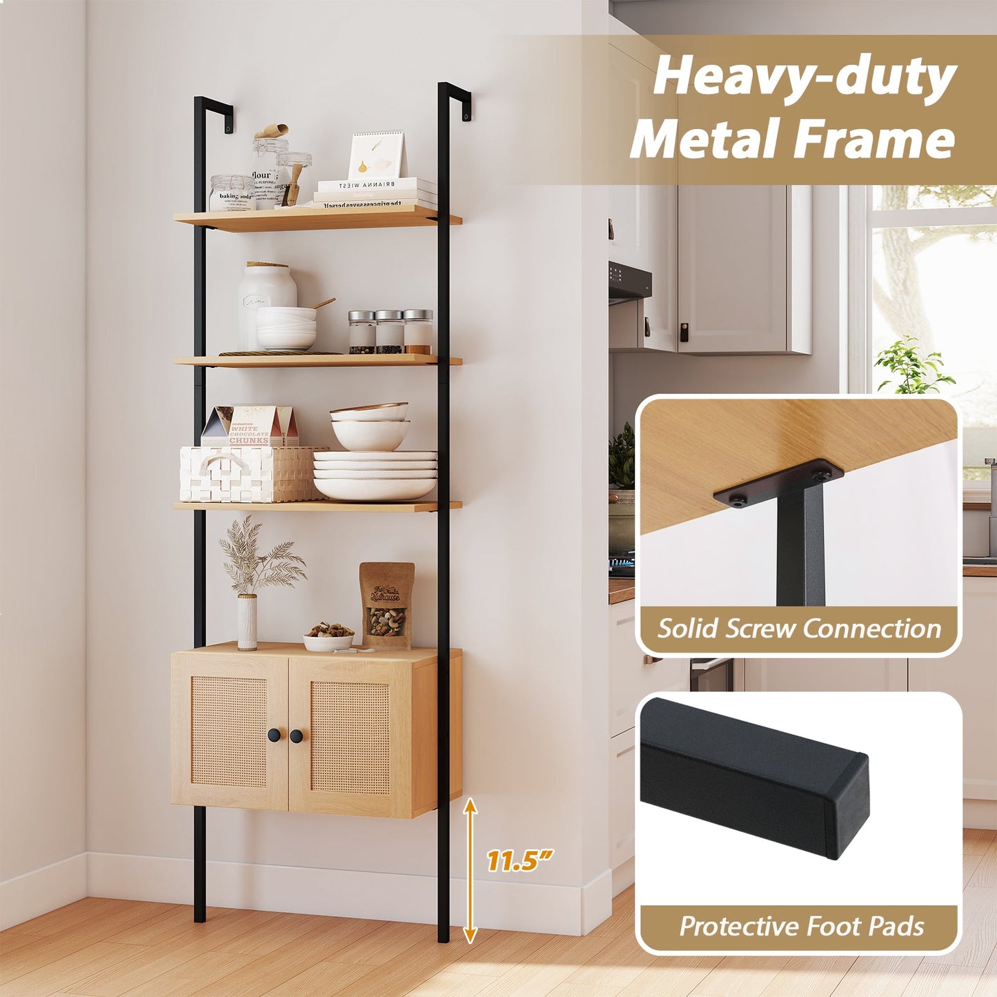 5-Tier Ladder Bookcase with Rattan Cabinet and Metal Frame-Natural