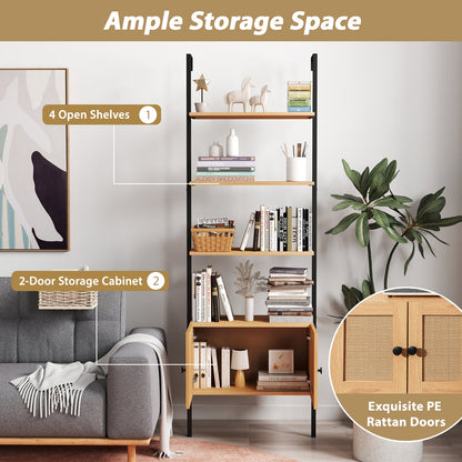 5-Tier Ladder Bookcase with Rattan Cabinet and Metal Frame-Natural