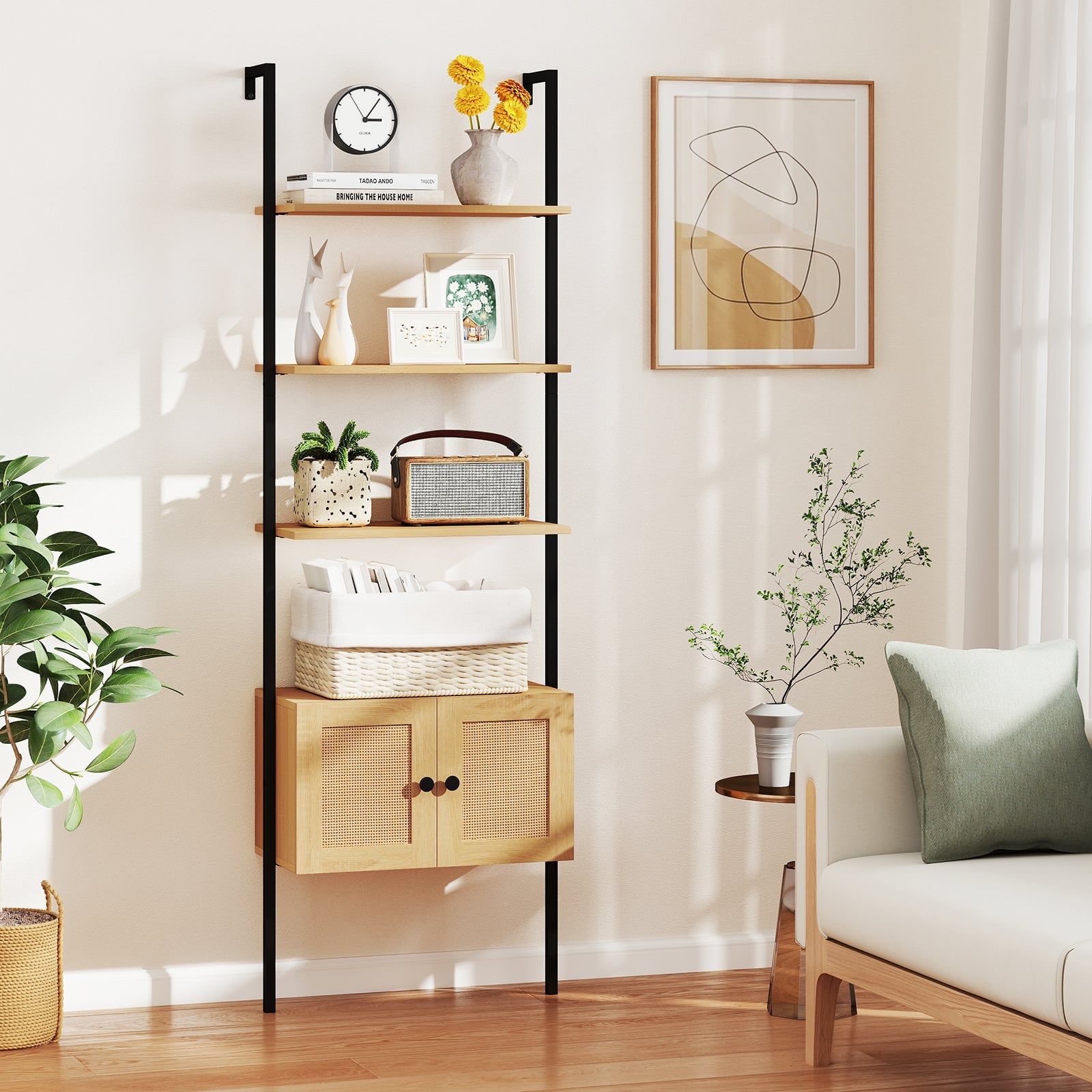 5-Tier Wall-Mounted Ladder Bookcase with Rattan Cabinet and Metal Frame-Natural