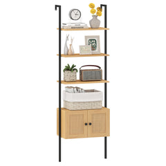 5-Tier Wall-Mounted Ladder Bookcase with Rattan Cabinet and Metal Frame-Natural