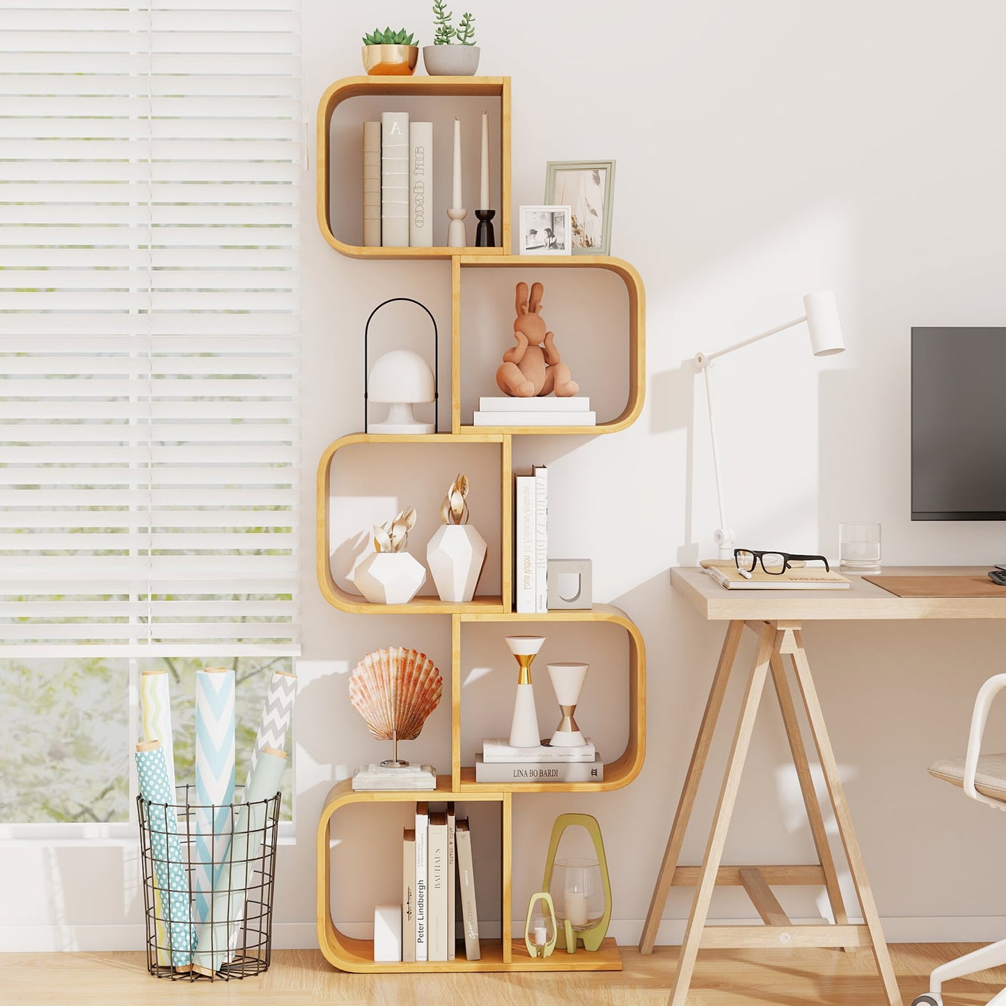 2/3/4/5-Tier S-Shaped Bookcase Bamboo Bookshelf with Open Cubes-5-Tier