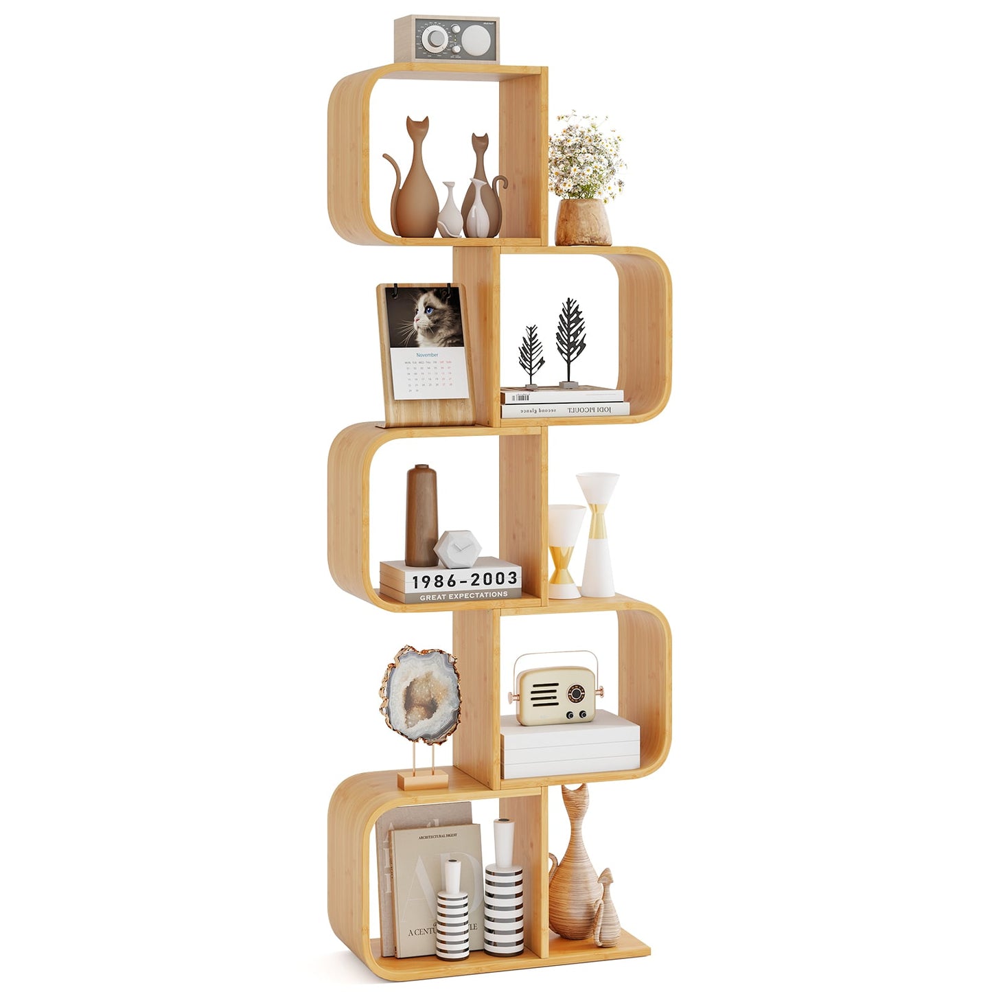 2/3/4/5-Tier S-Shaped Bookcase Bamboo Bookshelf with Open Cubes-5-Tier