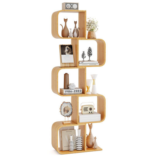 2/3/4/5-Tier S-Shaped Bookcase Bamboo Bookshelf with Open Cubes-5-Tier