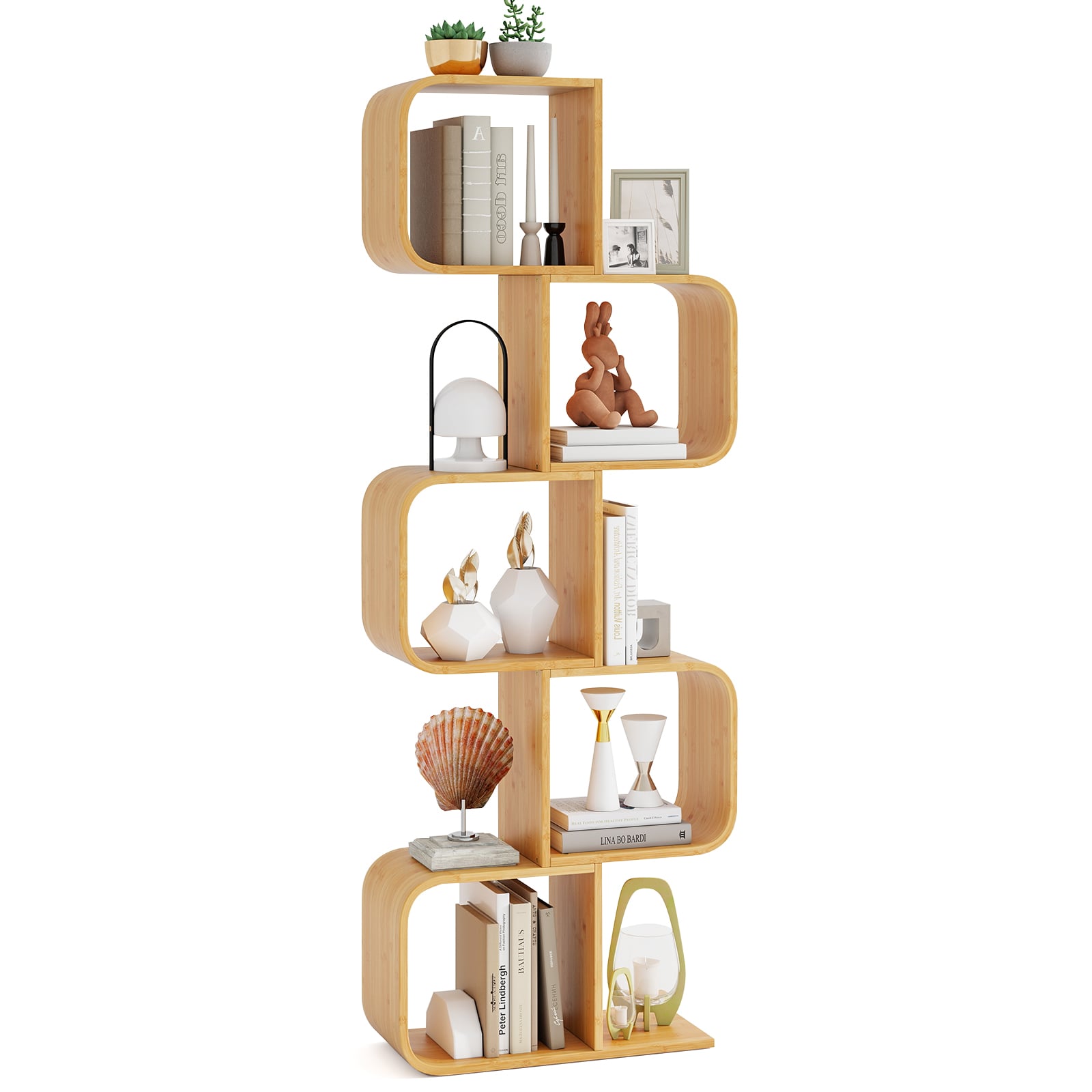 2/3/4/5-Tier S-Shaped Bookcase Bamboo Bookshelf with Open Cubes-5-Tier