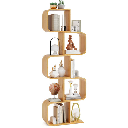 2/3/4/5-Tier S-Shaped Bookcase Bamboo Bookshelf with Open Cubes-5-Tier