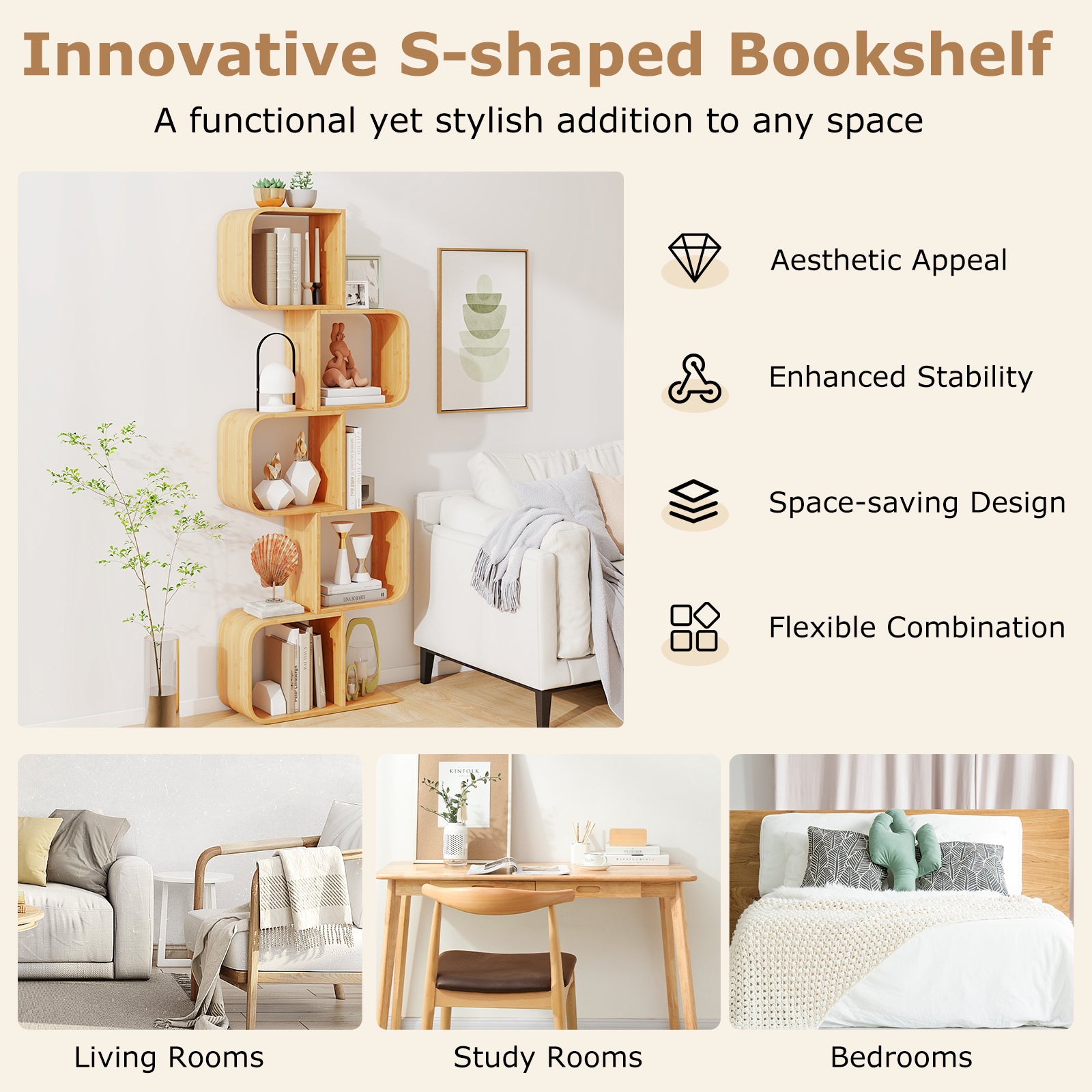 2/3/4/5-Tier S-Shaped Bookcase Bamboo Bookshelf with Open Cubes-5-Tier