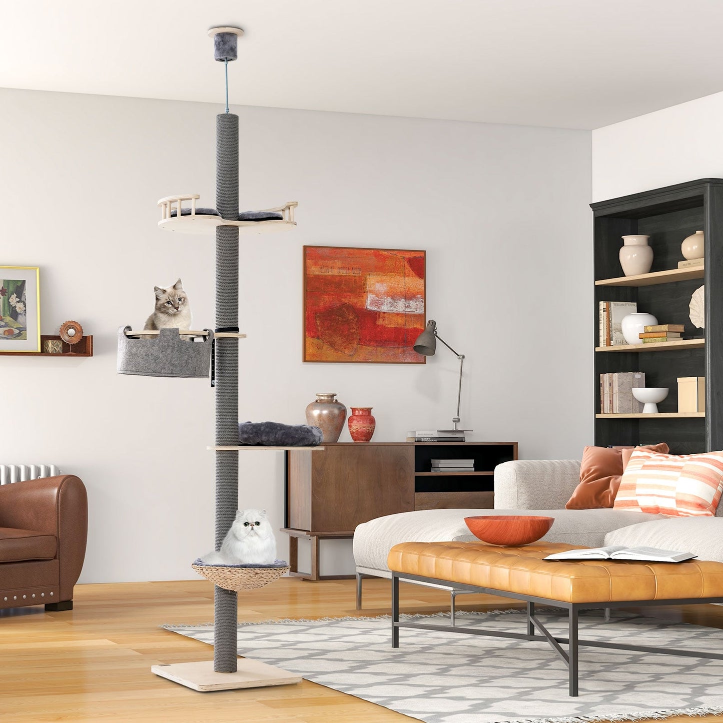 5-Tier Wooden Cat Tower Floor to Ceiling Cat Tree with Adjustable Height-Grey