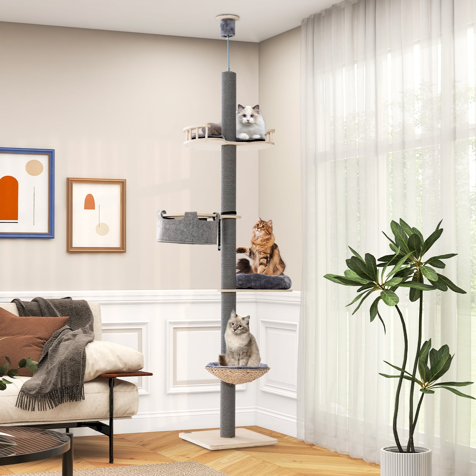 5-Tier Wooden Cat Tower Floor to Ceiling Cat Tree with Adjustable Height-Grey