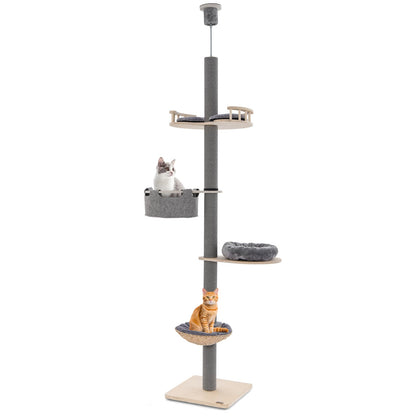 5-Tier Wooden Cat Tower Floor to Ceiling Cat Tree with Adjustable Height-Grey