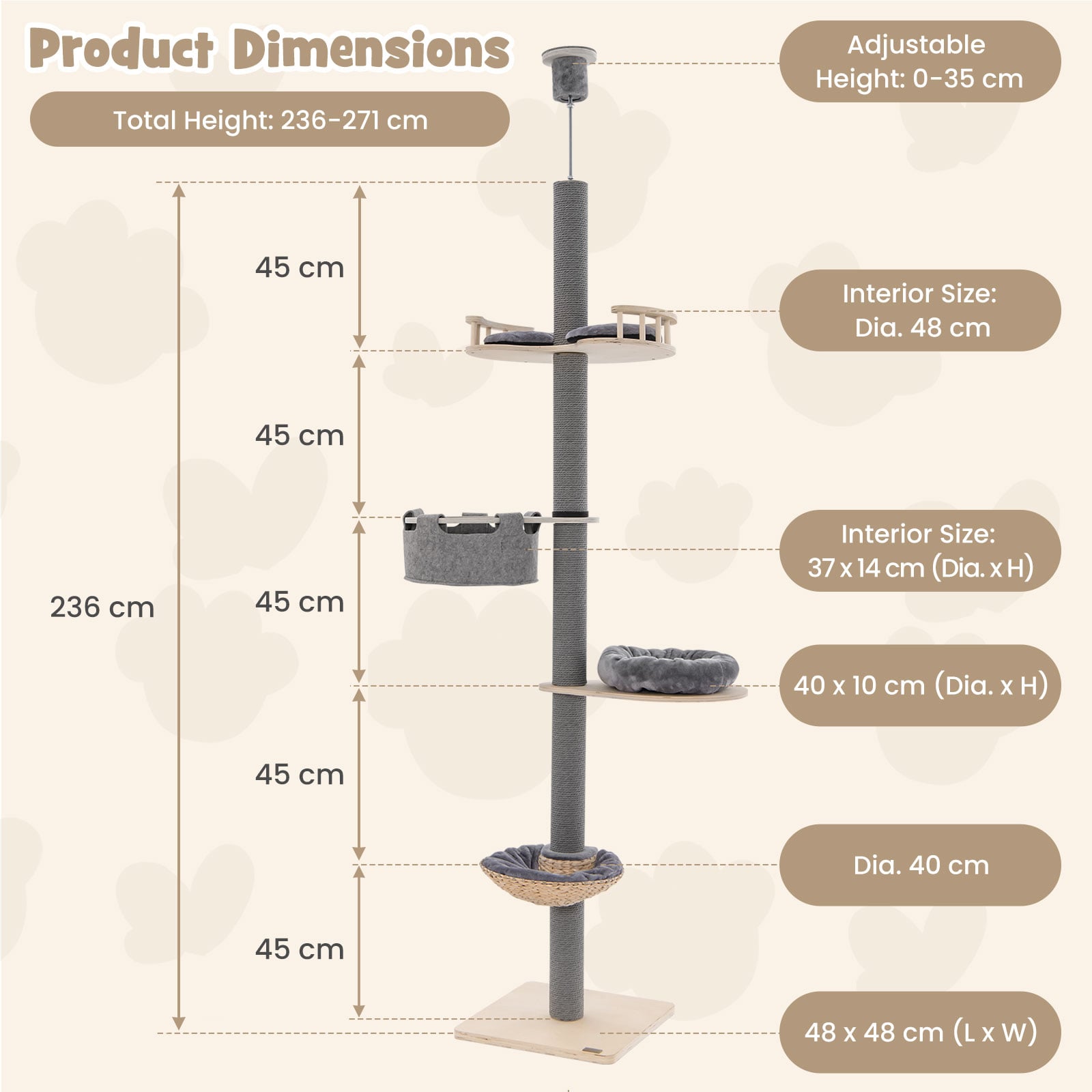5-Tier Wooden Cat Tower Floor to Ceiling Cat Tree with Adjustable Height-Grey