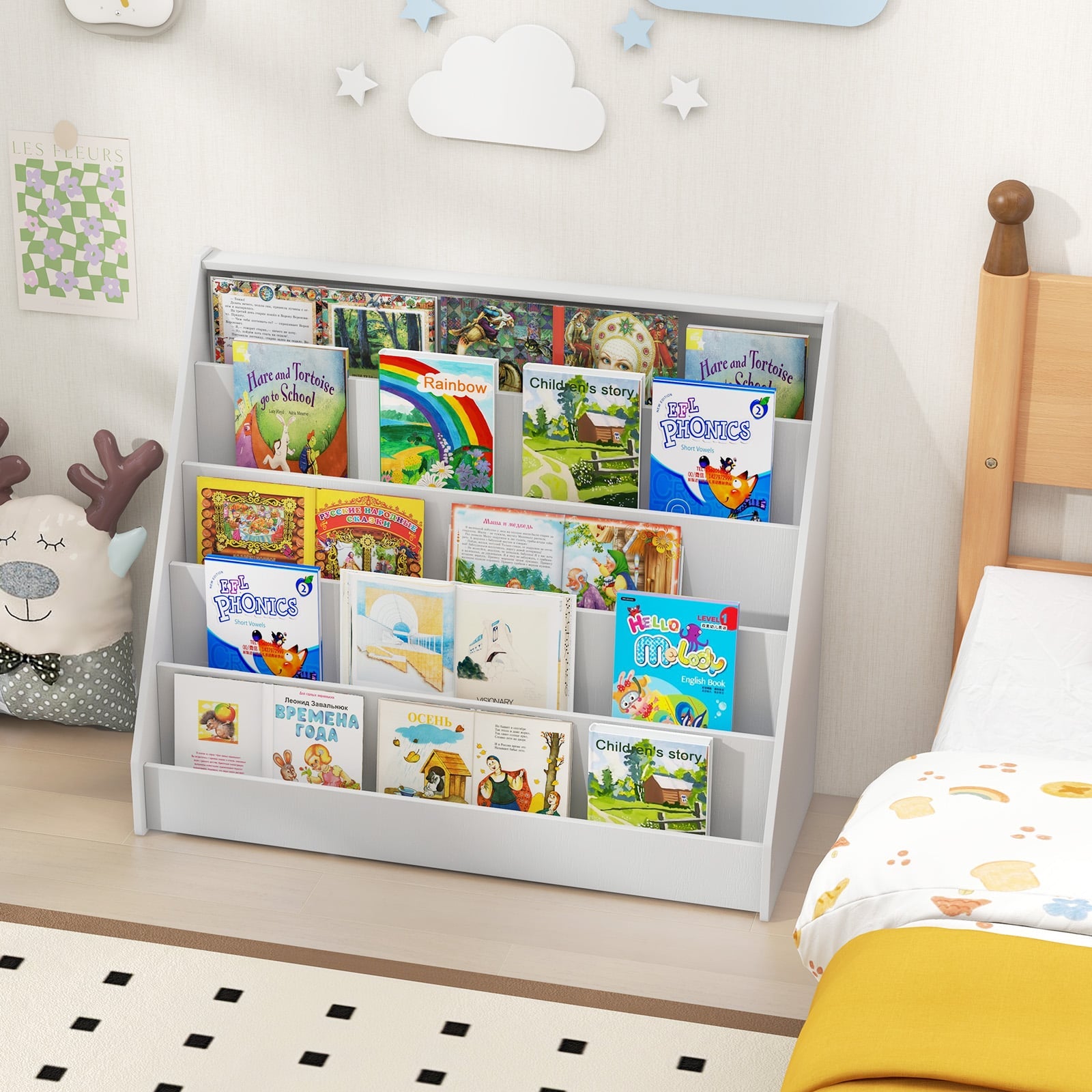 5-Tier Wooden Toddler Book Shelf Stand with Deep Compartments-White