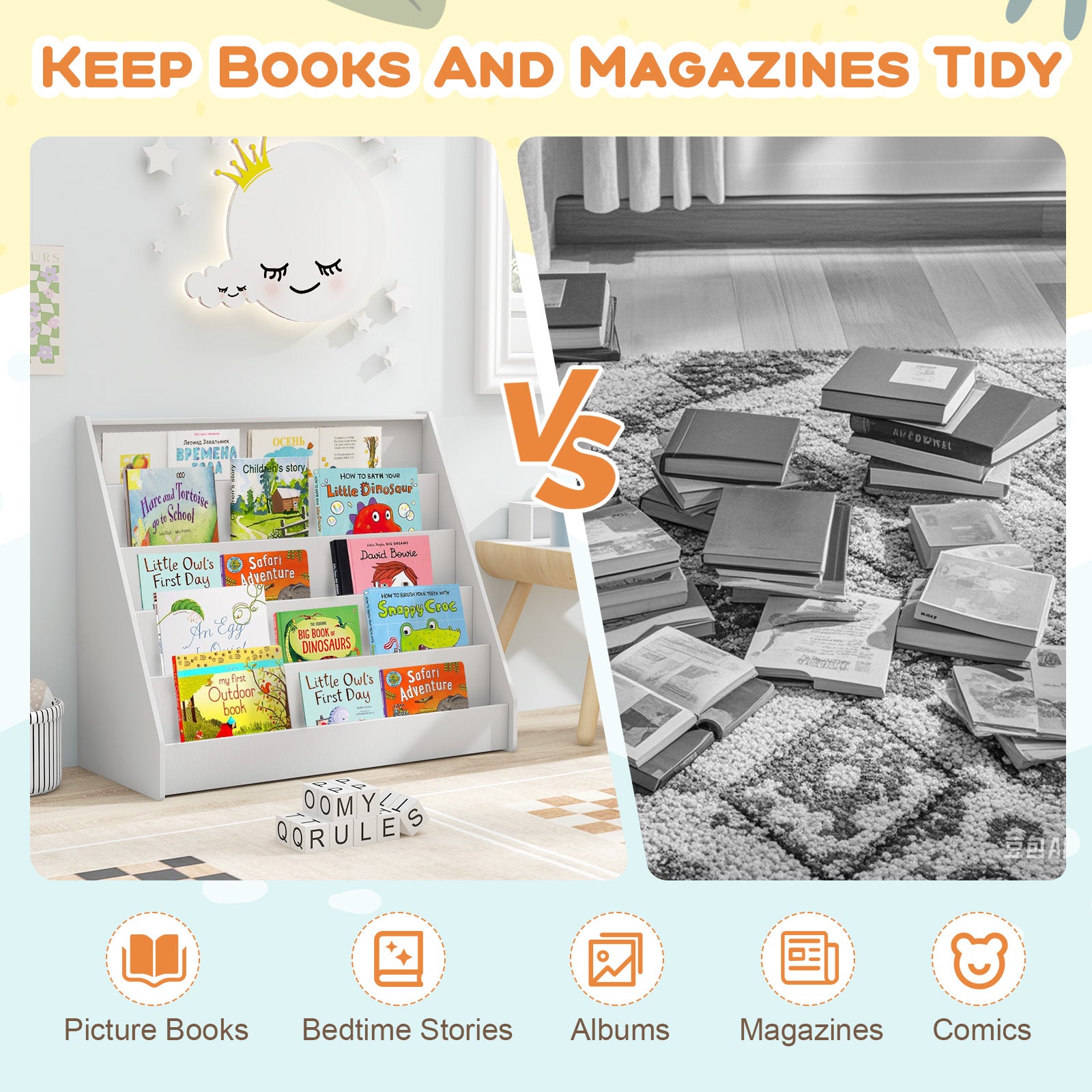 5-Tier Wooden Toddler Book Shelf Stand with Deep Compartments-White