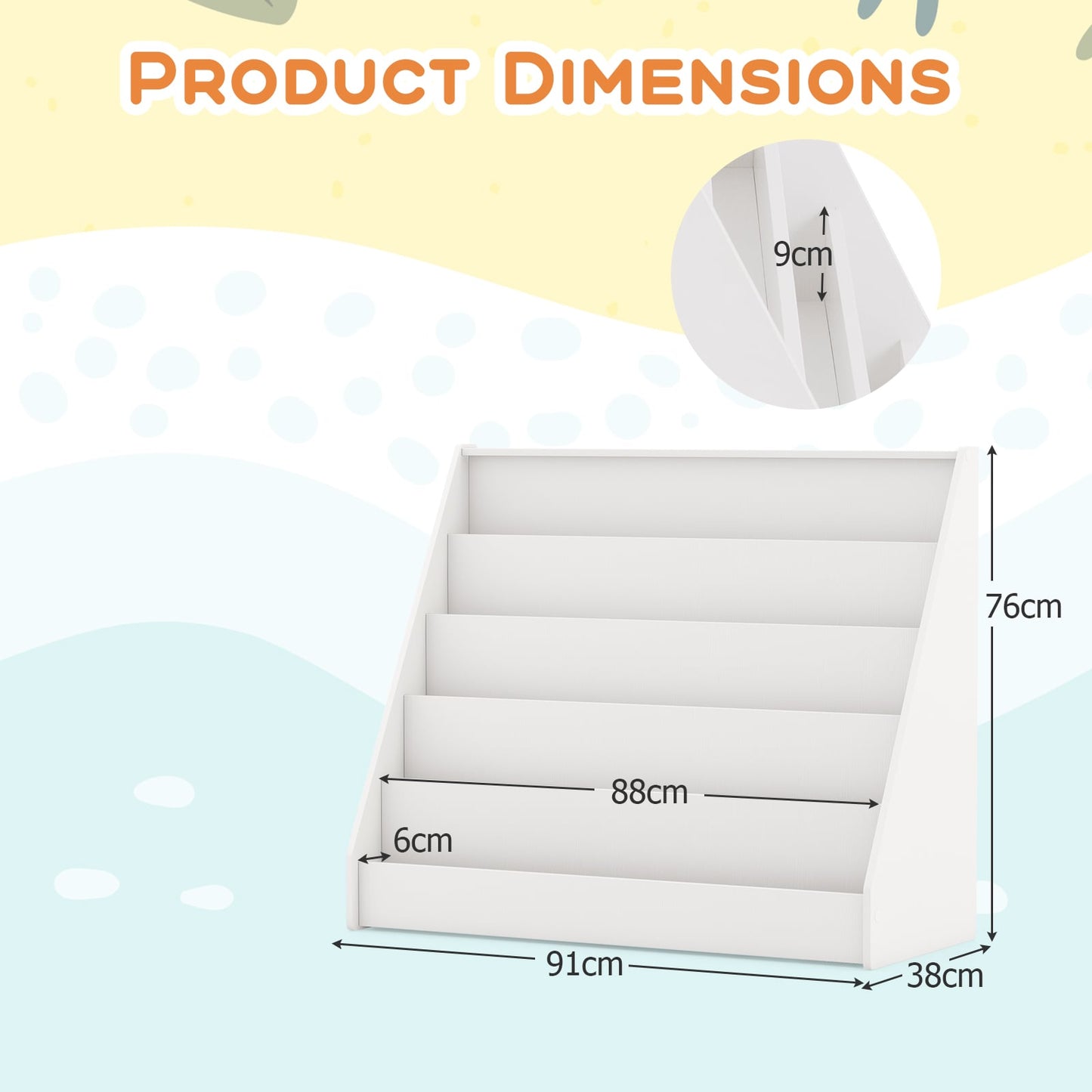 5-Tier Wooden Toddler Book Shelf Stand with Deep Compartments-White