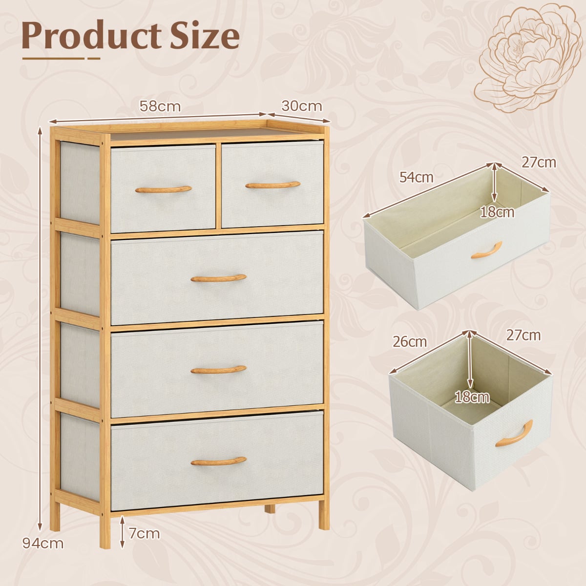 5-Drawer Bamboo Chest of Drawers Vertical Storage Tower-Natural