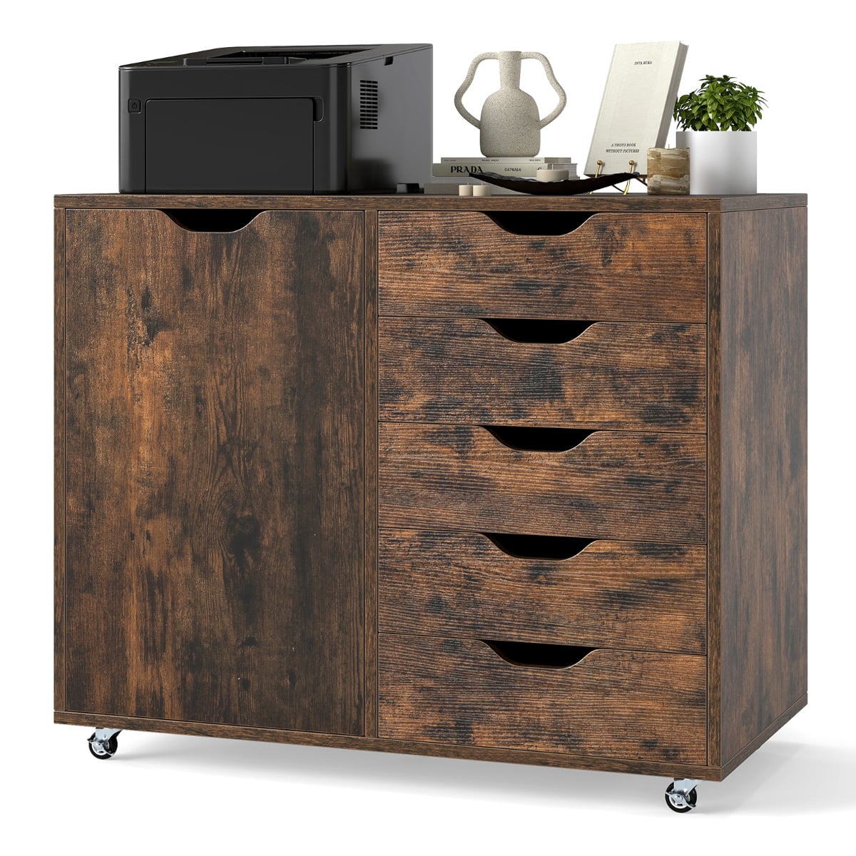 5-Drawer Chest with Door and Adjustable Shelf-Rustic Brown