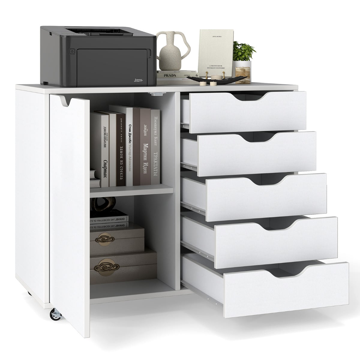 5-Drawer Chest with Door and Adjustable Shelf-White