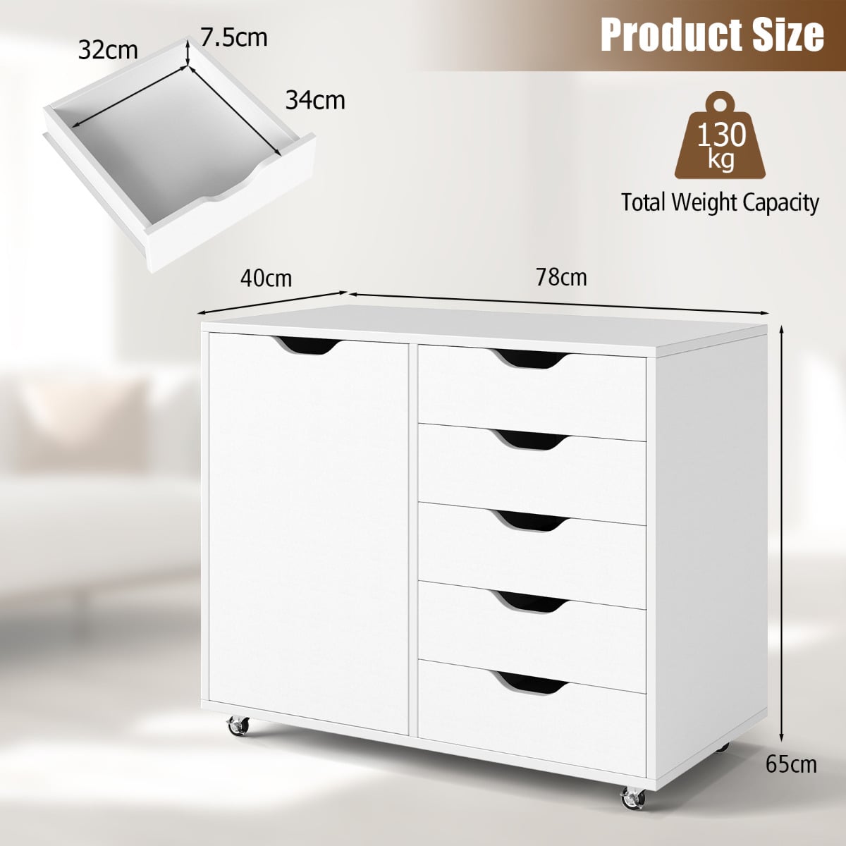5-Drawer Chest with Door and Adjustable Shelf-White