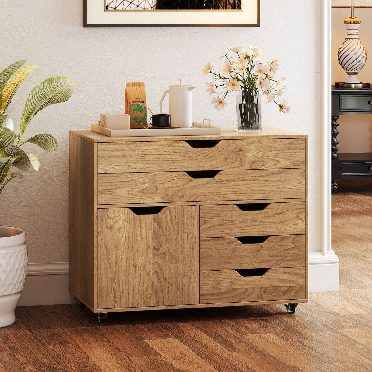 5-Drawer Chest with Door Mobile Chest of Drawers with 5 Casters-Natural