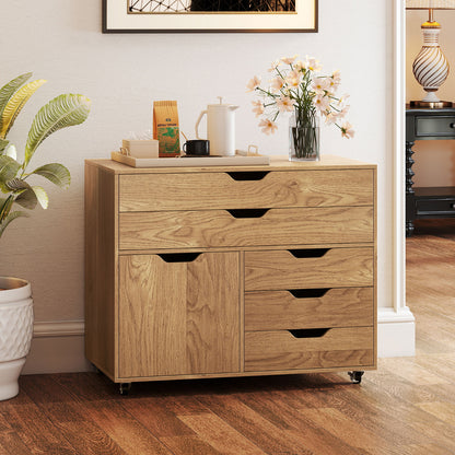 5-Drawer Chest with Door Mobile Chest of Drawers with 5 Casters-Natural