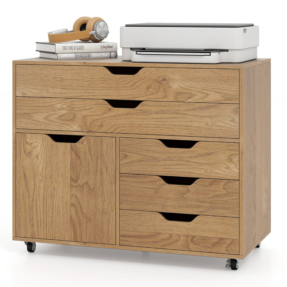 5-Drawer Chest with Door Mobile Chest of Drawers with 5 Casters-Natural