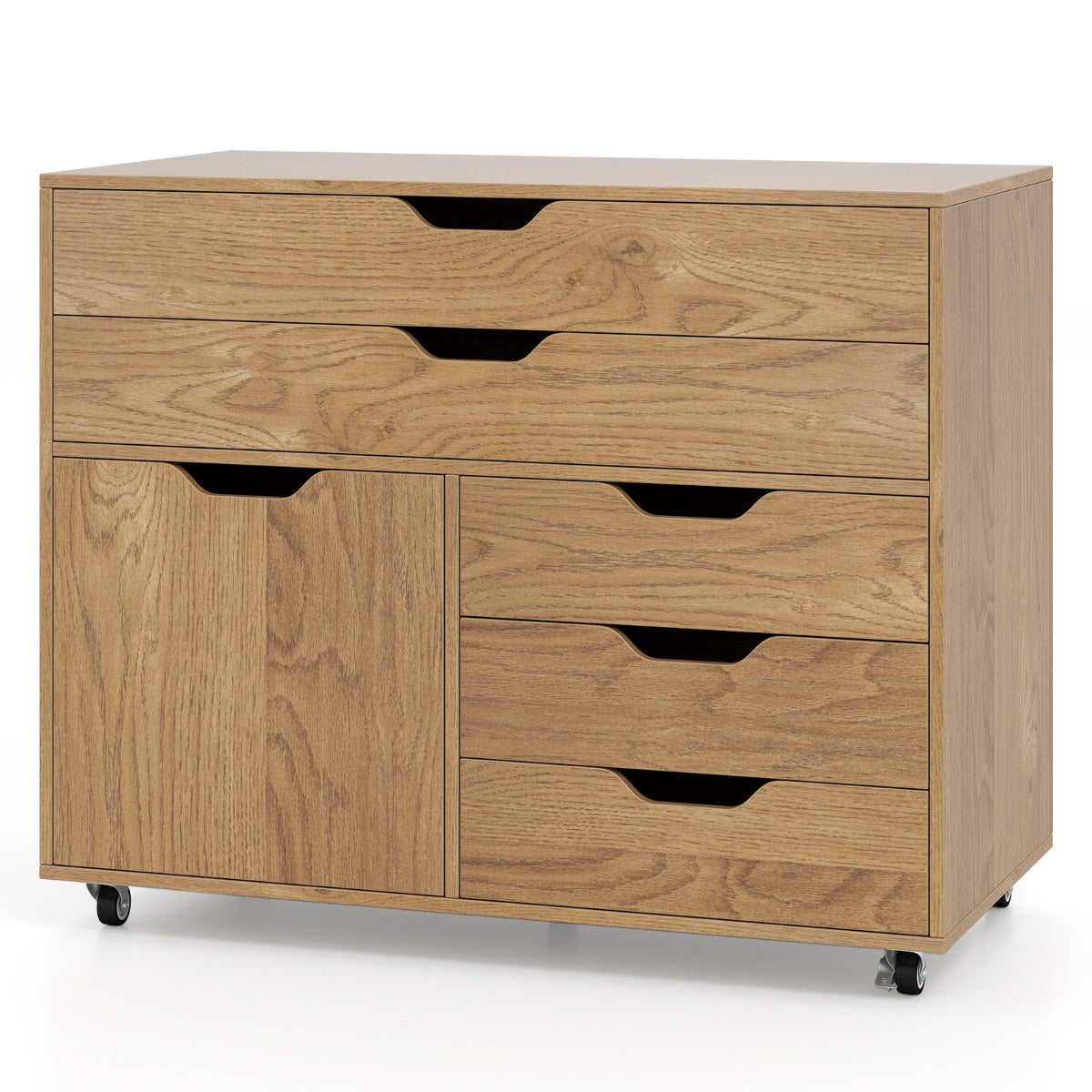 5-Drawer Chest with Door Mobile Chest of Drawers with 5 Casters-Natural