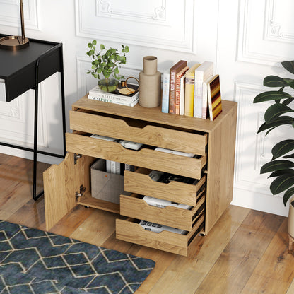 5-Drawer Chest with Door Mobile Chest of Drawers with 5 Casters-Natural