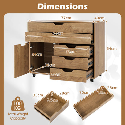 5-Drawer Chest with Door Mobile Chest of Drawers with 5 Casters-Natural