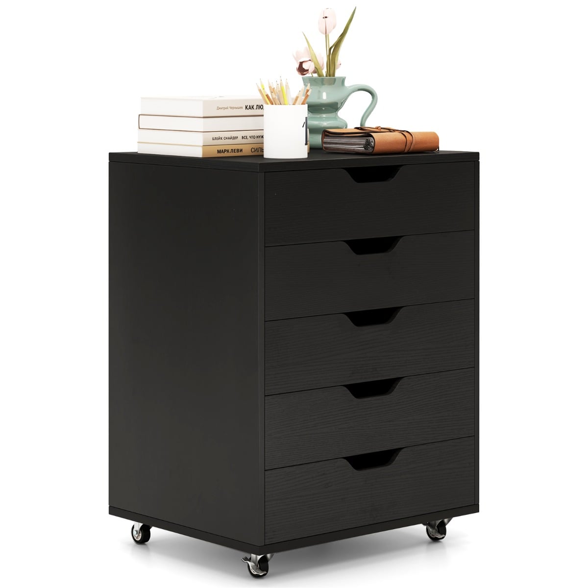 5 Drawer Chest with Lockable Wheels for Home Office-Black