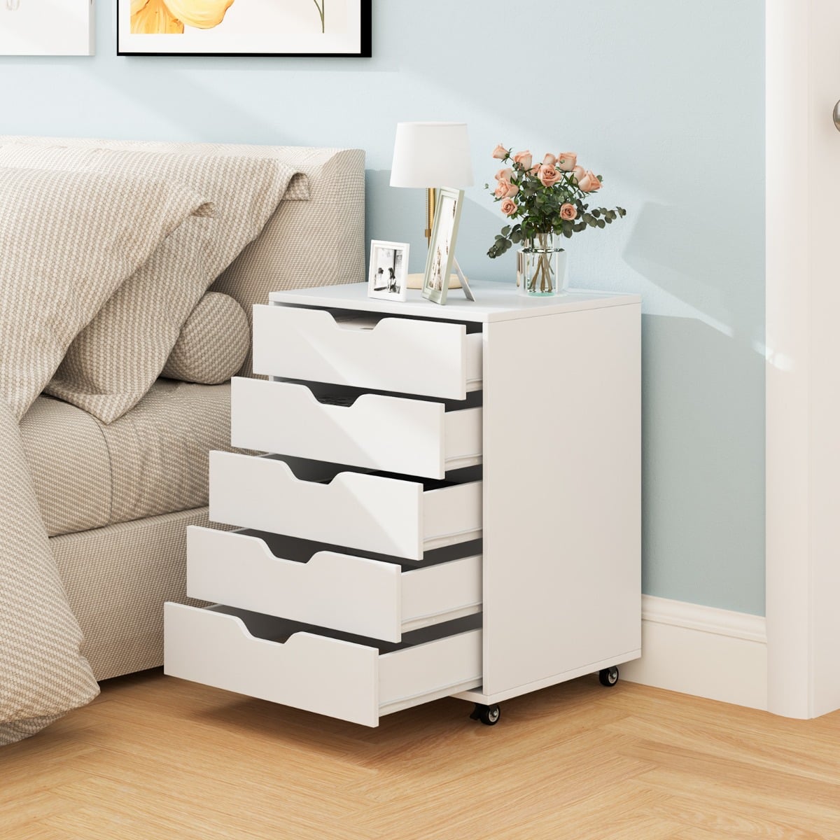 5 Drawer Chest with Lockable Wheels for Home Office-White