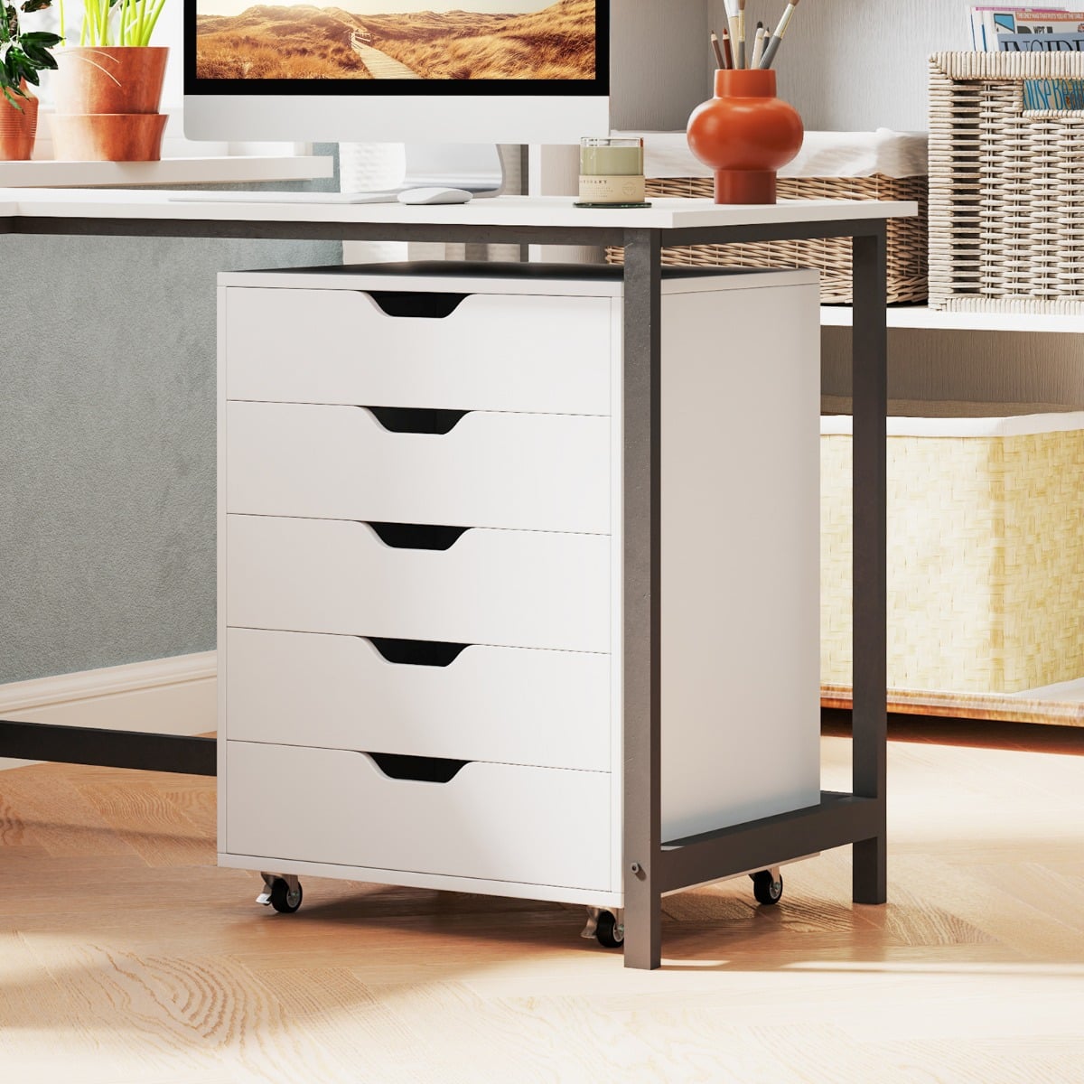 5 Drawer Chest with Lockable Wheels for Home Office-White