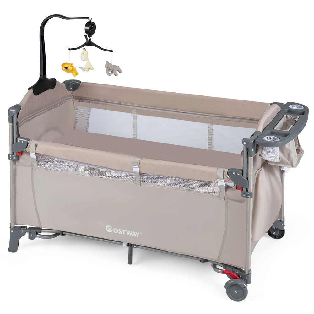 5-in-1 Baby Bassinet Bedside Sleeper with Diaper Changer and Hanging Toys-Sand Color