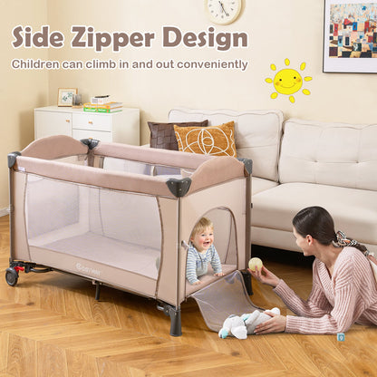 5-in-1 Baby Bassinet Bedside Sleeper with Diaper Changer and Hanging Toys-Sand Color