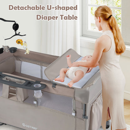 5-in-1 Baby Bassinet Bedside Sleeper with Diaper Changer and Hanging Toys-Sand Color