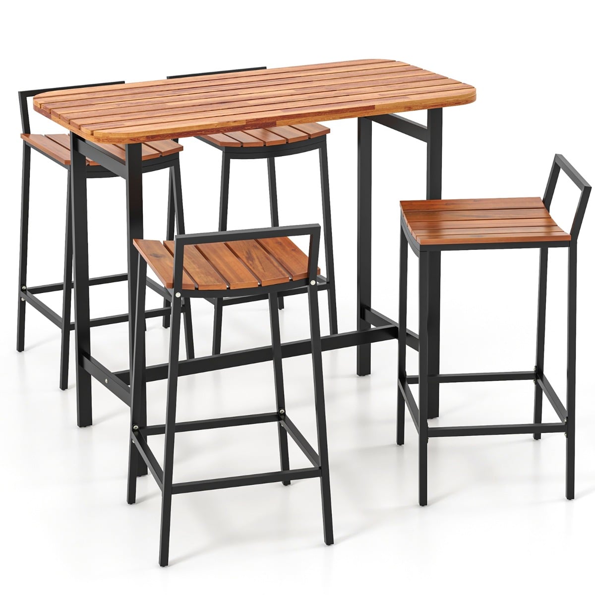 5 Piece Acacia Wood Bar Table Set with Metal Frame and Footrest