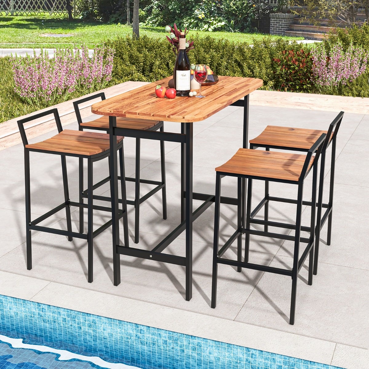 5 Piece Acacia Wood Bar Table Set with Metal Frame and Footrest