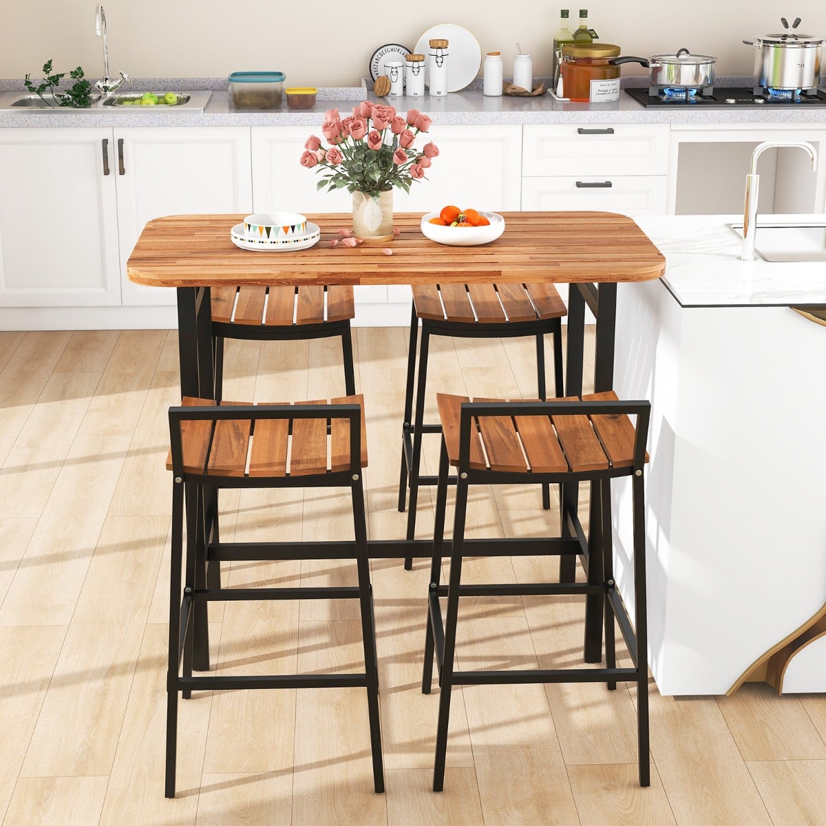5 Piece Acacia Wood Bar Table Set with Metal Frame and Footrest
