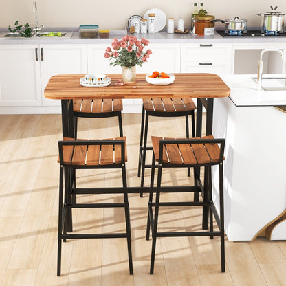 5 Piece Acacia Wood Bar Table Set with Metal Frame and Footrest