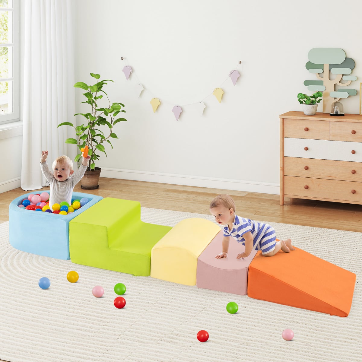 5-Piece Climb and Crawl Playset with Ball Pit for Kids (Ocean Balls Not Included)-Colourful