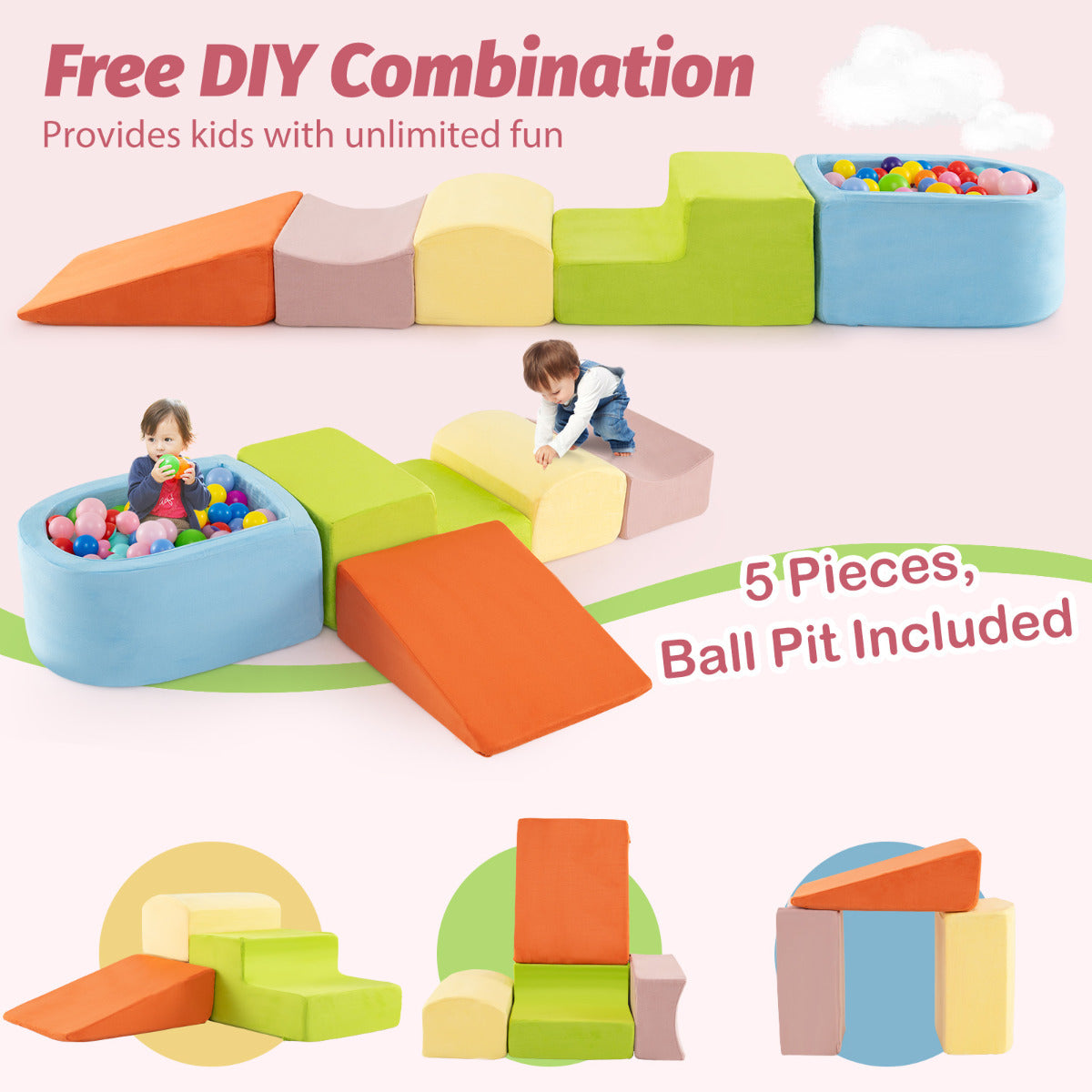 5-Piece Climb and Crawl Playset with Ball Pit for Kids (Ocean Balls Not Included)-Colourful