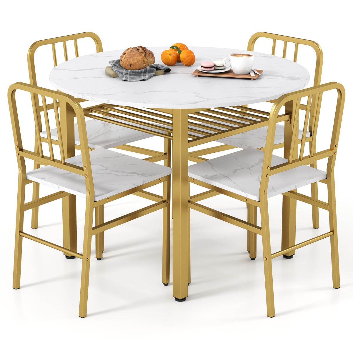 5 Piece Dining Table Set with Storage Rack for Dining Room-White