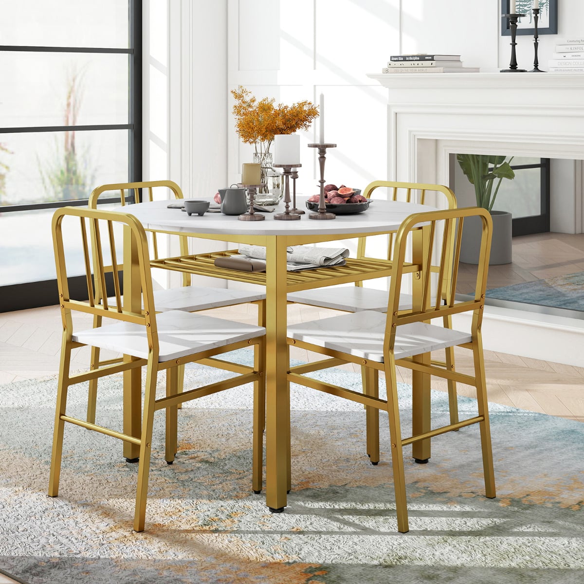 5 Piece Dining Table Set with Storage Rack for Dining Room-White