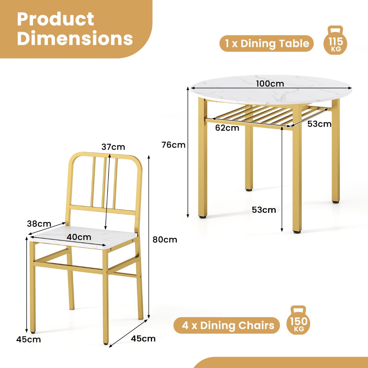 5 Piece Dining Table Set with Storage Rack for Dining Room-White