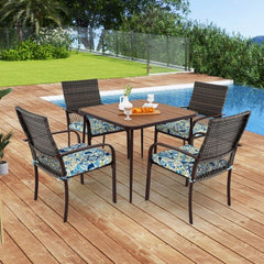 5 Pieces Patio Dining Set 4 Cushioned Rattan Armchairs and Square Table