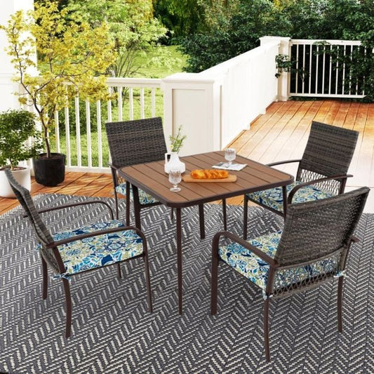 5 Pieces Patio Dining Set 4 Cushioned Rattan Armchairs and Square Table